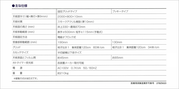 X線用ブッキー撮影台（SA-83）の仕様、システム構成、寸法図